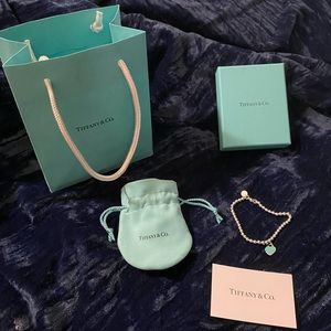 Return To Tiffany & Co Silver Blue Heart Tag 4mm Mini Bead Bracelet 7" Genuine